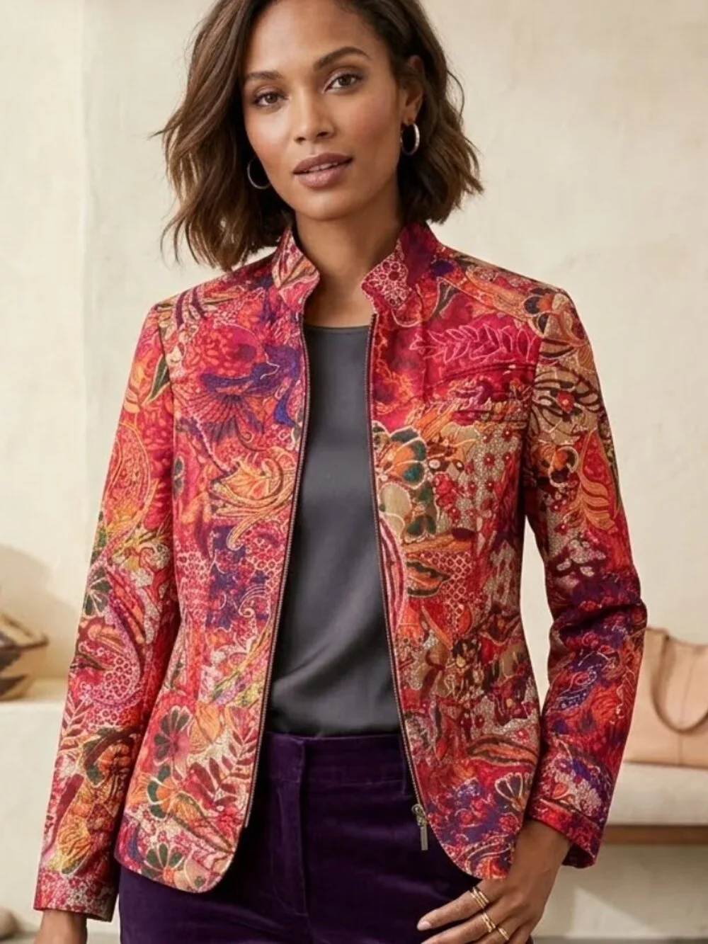 Coldwater Creek Vibrant Red Floral Paisley Boho Cotton Zip Front 